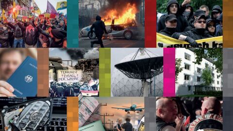 Bilder-Collage aus Symbolbildern für die Tätigkeitsfelder des LfV Hessen: Bild 1 zeigt eine Demonstration aus dem Bereich auslandsbezogener Extremismus, Bild 2 zeigt ein brennendes Polizeiauto, Bild 3 zeigt eine rechtsextremistische Demonstration, Bild 4 zeigt einen Pass eines Reichsbürgers, Bild 5 zeigt eine islamistische Demonstration, Bild 6 zeigt eine Abhöranlage, Bild 7 zeigt das LfV, Bild 8 zeigt Teile eines Computers, Bild 9 zeigt einen Flughafen, Bild 10 zeigt zwei Mitglieder der Hells Angels.