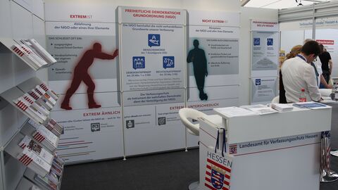 Informationsstand des LfV Hessen auf dem Hessentag in Pfungstadt. Zu sehen ist eine Informationstafel auf der die freiheitliche demokratische Grundordnung erläutert wird, sowie Tafeln die Elemente erläutern, die zu (allen Formen von) Extermismus gehören bzw. Elemente, die nicht extremistisch sind. 